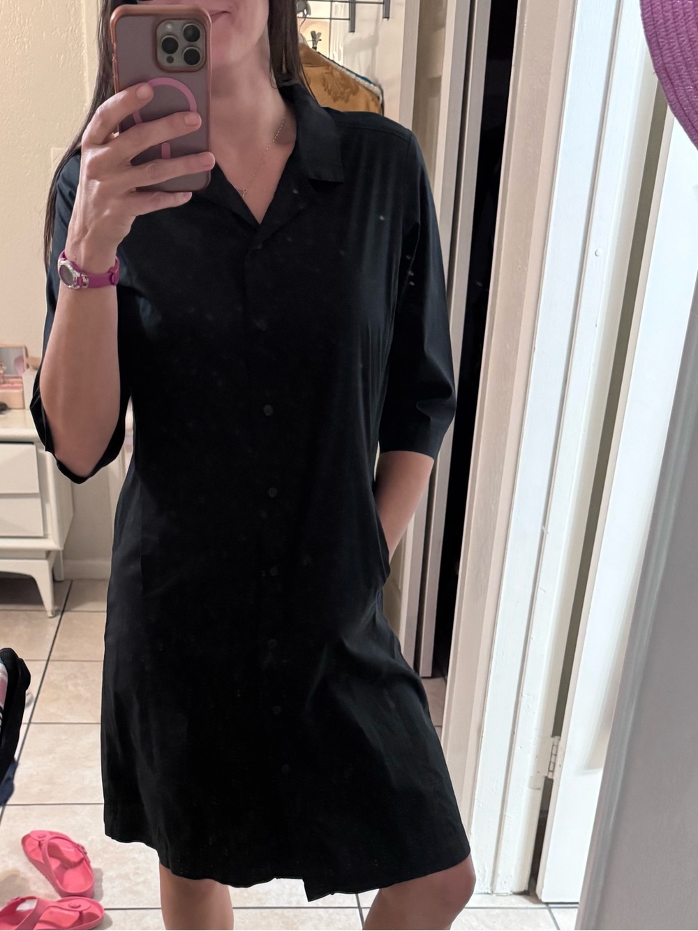 Eileen Fisher Black Cotton 3/4 Sleeve Button-Front Collared Shirt Dress